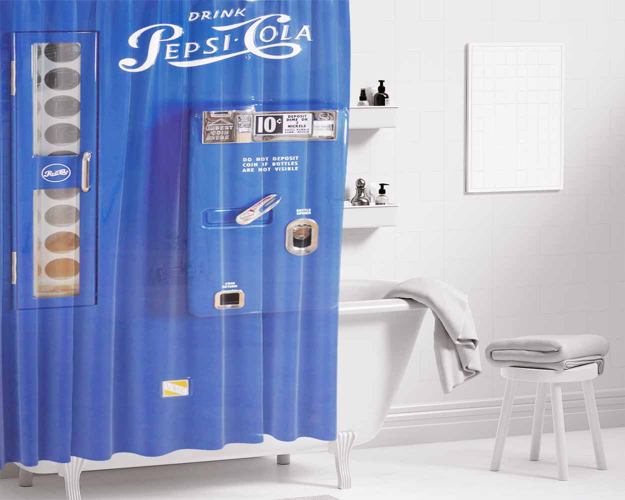 Pepsi Cola Blue Vintage Vending Machine Bathroom Shower Curtain Fabric Waterproof | 66 X 72 Inch