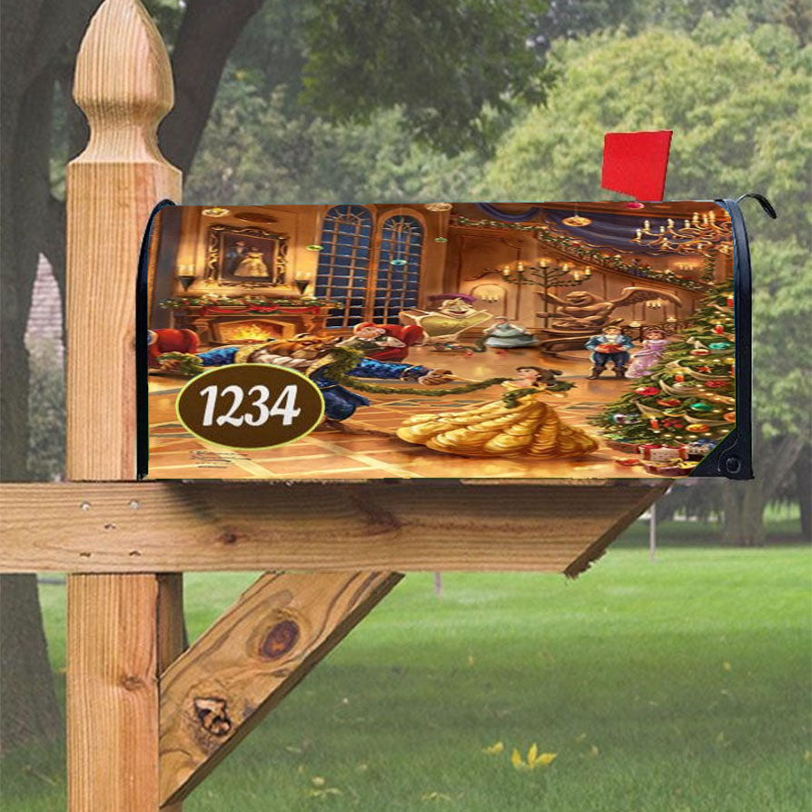 Beauty And The Beast Christmas Celebration Magnetic Mailbox Cover 18" X 21" Outdoor Decor