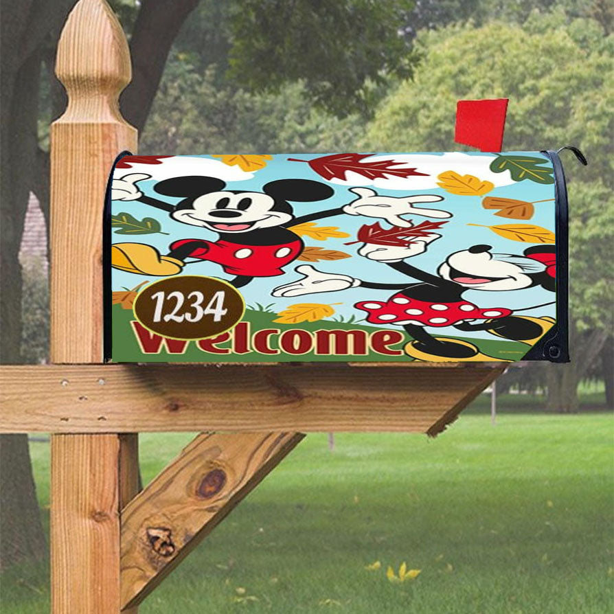Happy Fall Leaves Mickey And Minnie Magnetic Mailbox Cover 18" X 21" Outdoor Decor