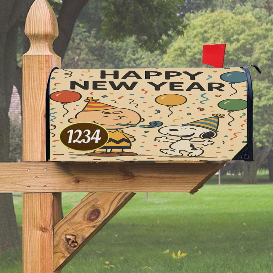 Happy New Year Charlie Brown And Snoopy Magnetic Mailbox Cover 18" X 21" Outdoor Decor
