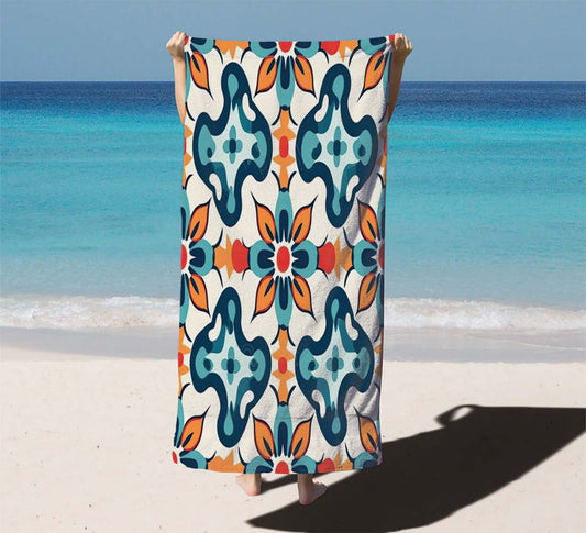 A Pattern With A Flower And Leaves. Beach Towels
