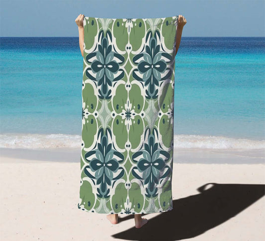 A Seamless Pattern With Blue Flowers And Green Leaves Beach Towels