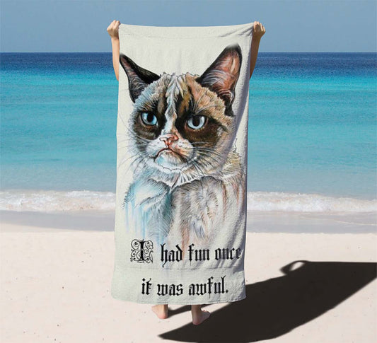 Grumpy Cat I Had Fun Once Beach Towels