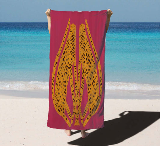 Hand Drawn Cute Leopards Hot Pink Beach Towels