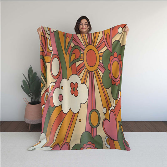 70S Retro Boho Floral Vintage Soft Micro Fleece Blanket