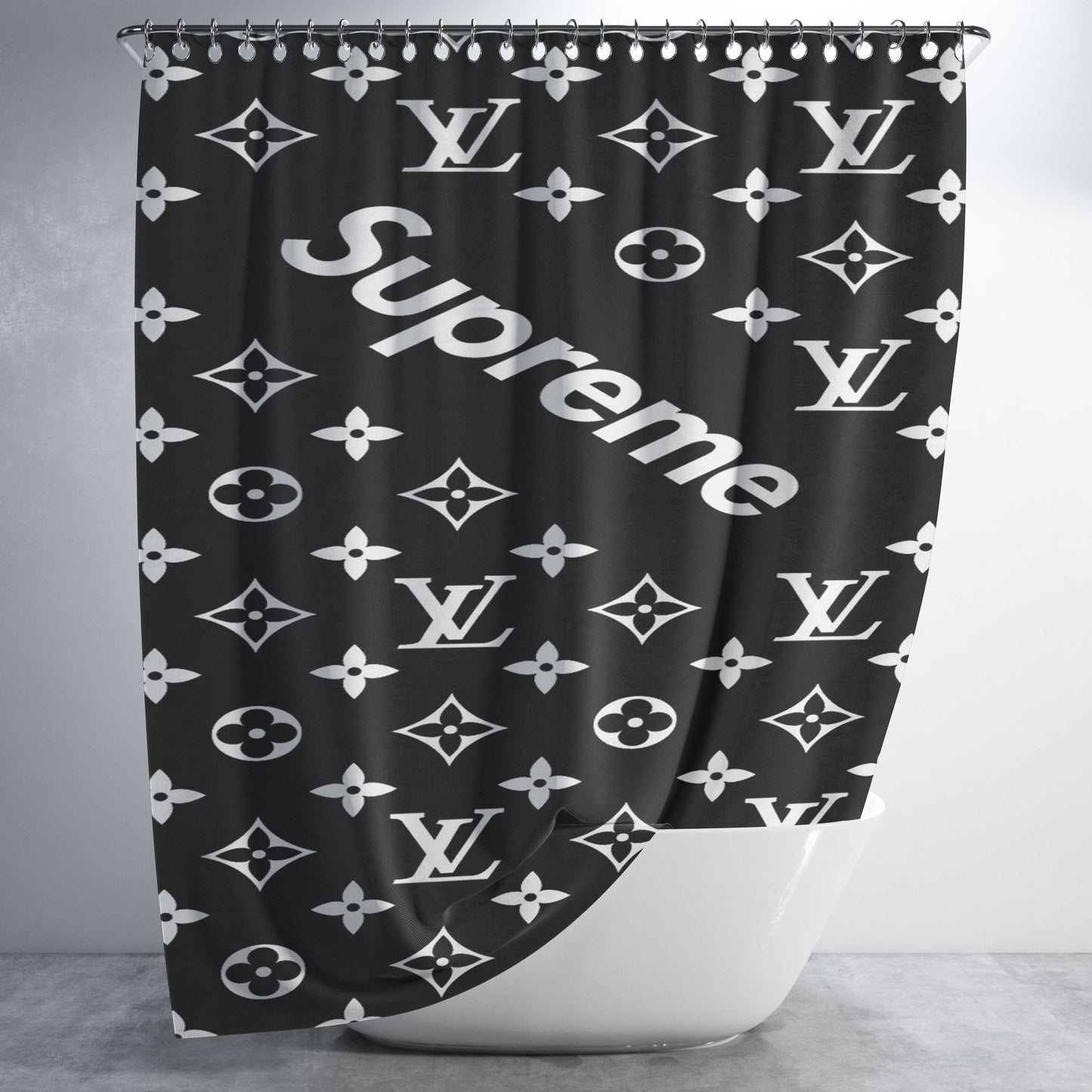 Black Supreme Louis Vuitton Pattern Bathroom Shower Curtain Fabric Waterproof | 66 X 72 Inch