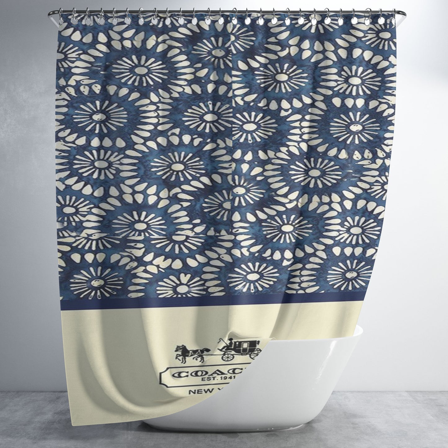 Coach New York Blue Floral Batik Bathroom Shower Curtain Fabric Waterproof | 66 X 72 Inch