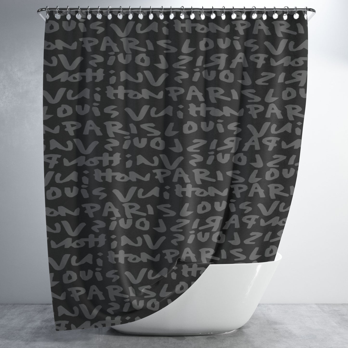 Louis Vuitton Paris Full Text Bathroom Shower Curtain Fabric Waterproof | 66 X 72 Inch