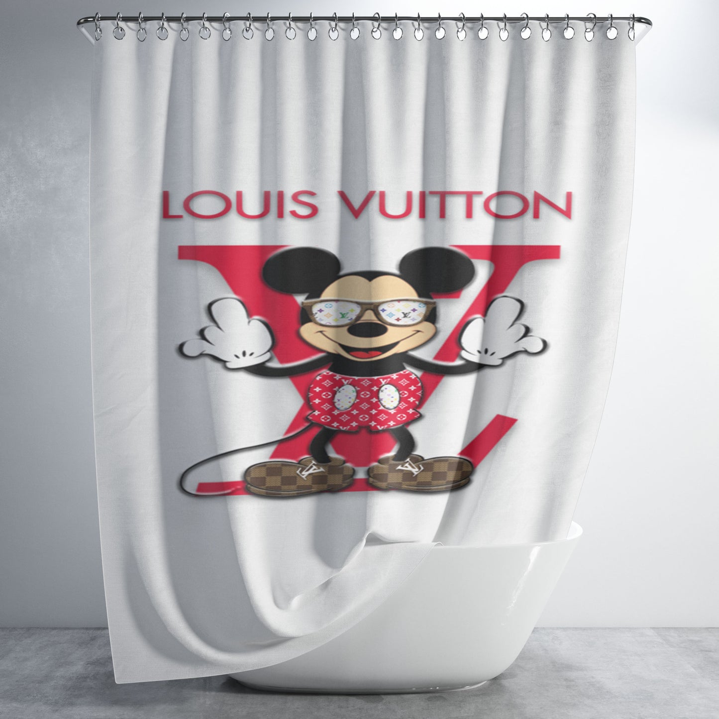 Mickey Louis Vuitton White Bathroom Shower Curtain Fabric Waterproof | 66 X 72 Inch