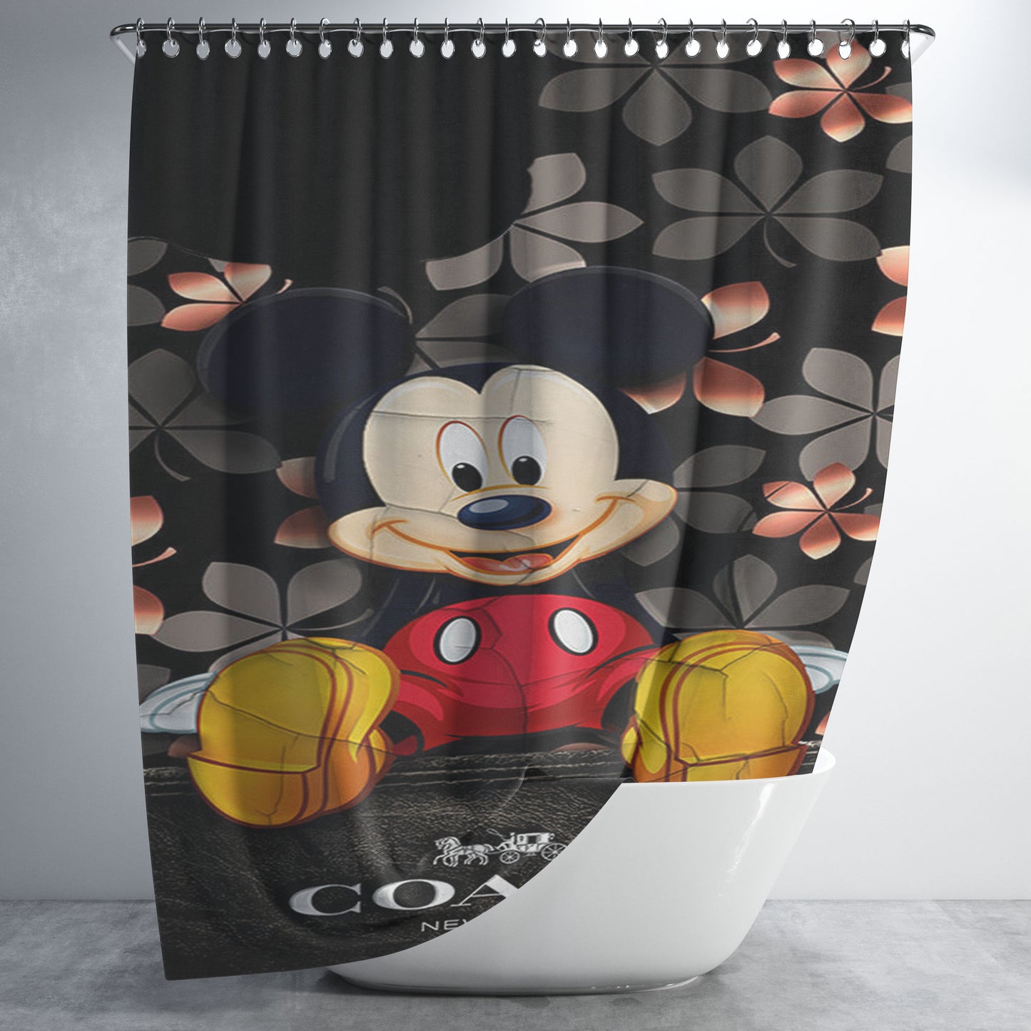 Mickey Mouse Coach Black Flowers Bathroom Shower Curtain Fabric Waterproof | 66 X 72 Inch