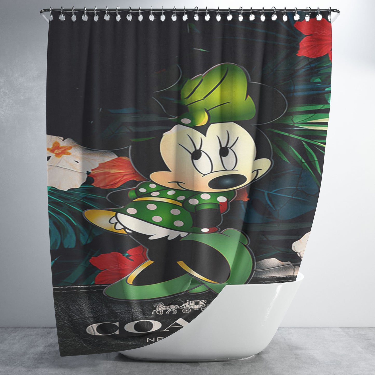 Minnie Mouse Coach Green Flowers 8 Bathroom Shower Curtain Fabric Waterproof | 66 X 72 Inch