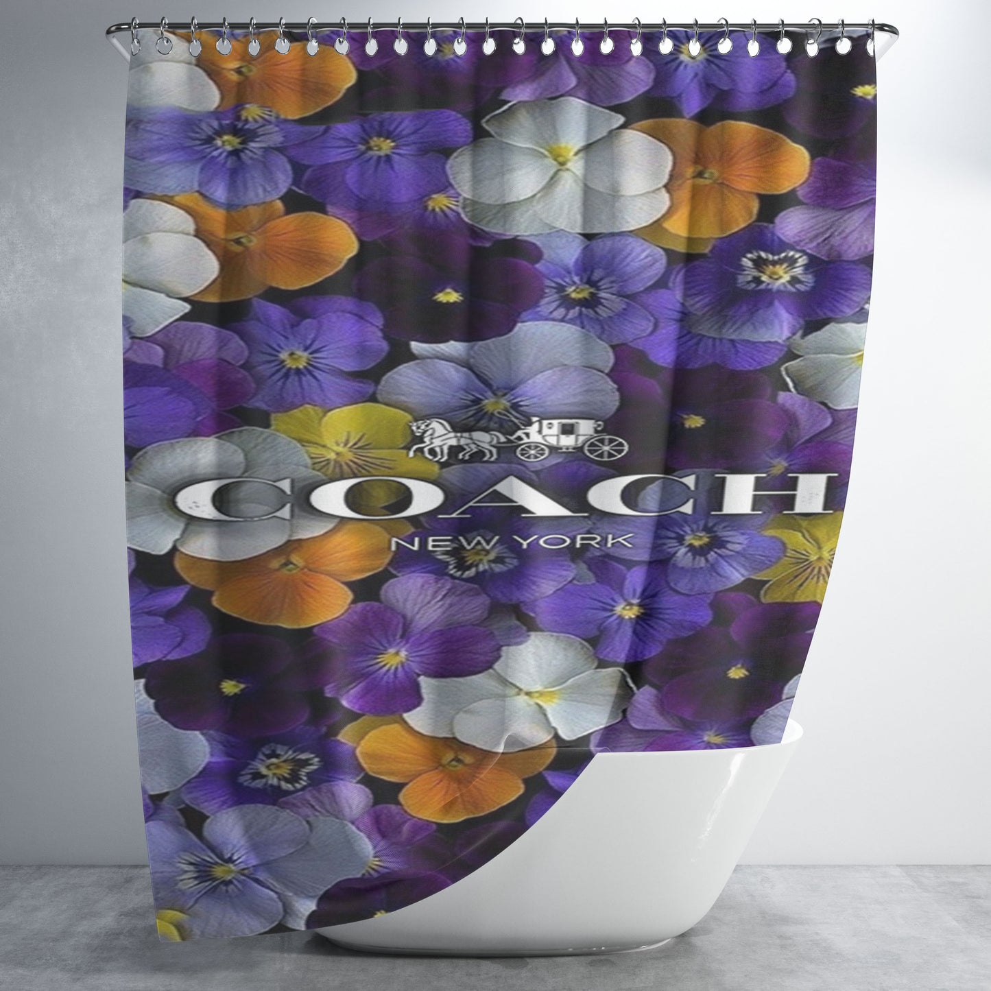 Purple Flowers Coach New York Bathroom Shower Curtain Fabric Waterproof | 66 X 72 Inch