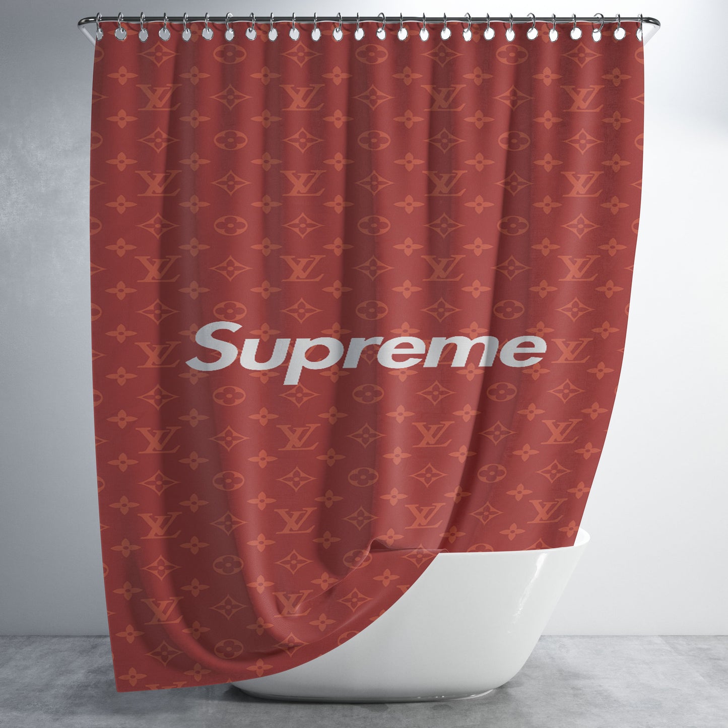 Red Supreme Louis Vuitton 2 Bathroom Shower Curtain Fabric Waterproof | 66 X 72 Inch