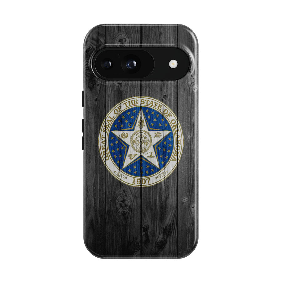 Great Seal Of The State Of Oklahoma Logo Dark Wood Wallpaper Google Pixel 9 | 10 Pro Case