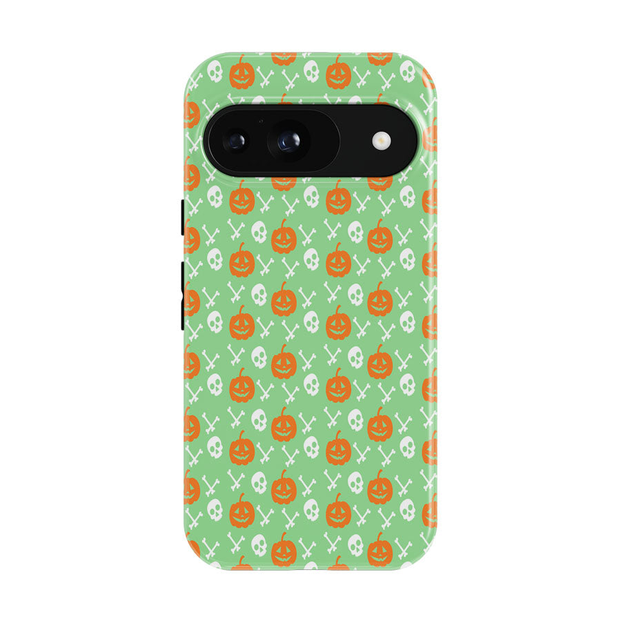 Green Pattern Pumpkins Bone And Head Skeleton Halloween Google Pixel 9 | 10 Pro Case