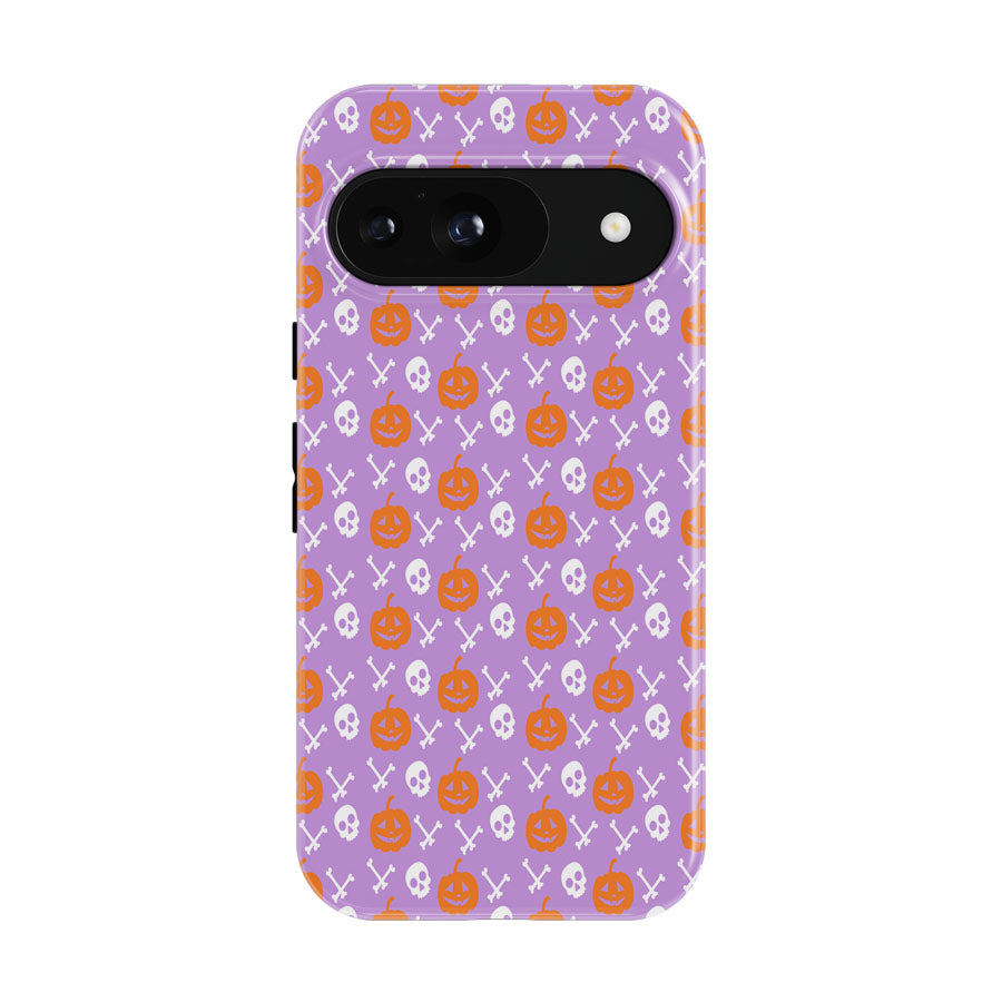 Purple Pattern Pumpkins Bone And Head Skeleton Halloween Google Pixel 9 | 10 Pro Case