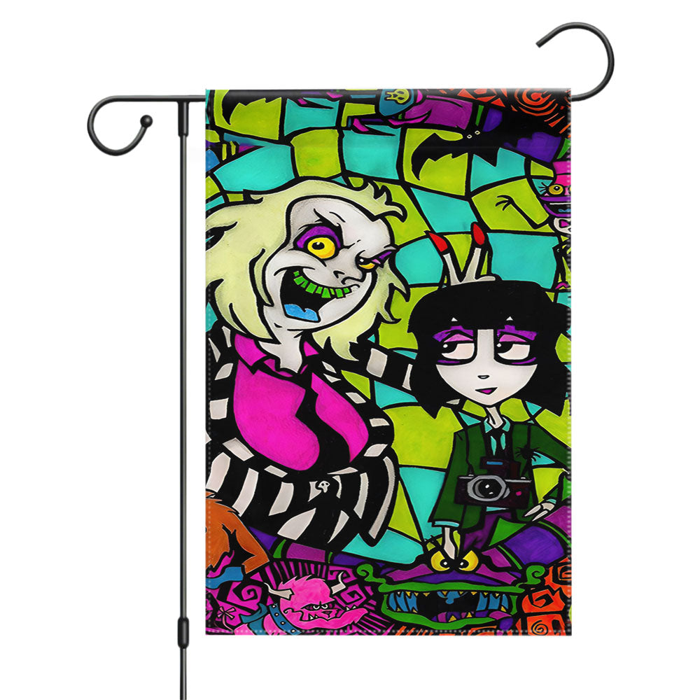 Beetlejuice Tim Burton Cartoon Glass Garden Flags Yard Outdoor Lawn 12 X 18