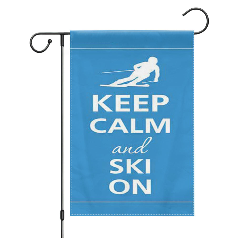 Keep Calm Ski On Blue Bkg Garden Flags Yard Outdoor Lawn 12 X 18