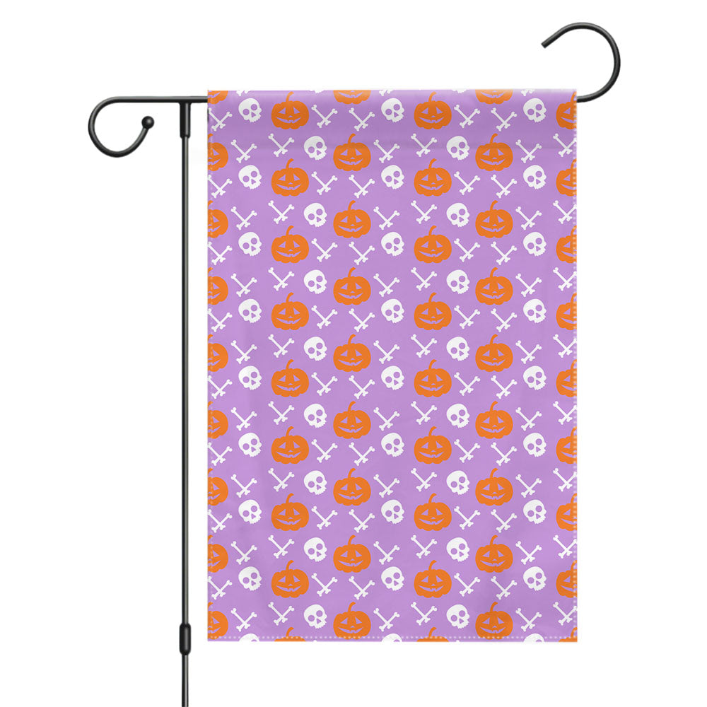 Purple Pattern Pumpkins Bone And Head Skeleton Halloween Garden Flags Yard Outdoor Lawn 12 X 18