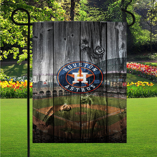 Houston Astros Mlb Stadium Logo Dark Wood Wallpaper Garden Flag Outdoor Lawn 12X18 Inch
