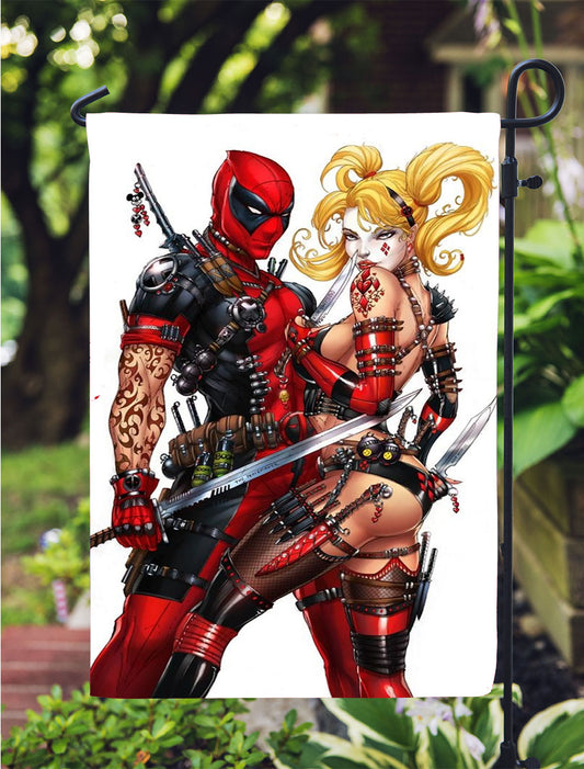 Harley Quinn And Deadpool Garden Flag Outdoor Lawn 12X18 Inch