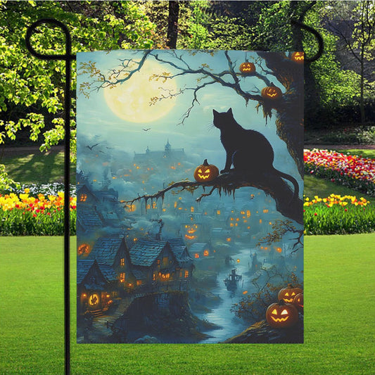 Haunted Village Black Cat Halloween Garden Flag Yard Sign Outdoor Lawn 12 X 18 inch