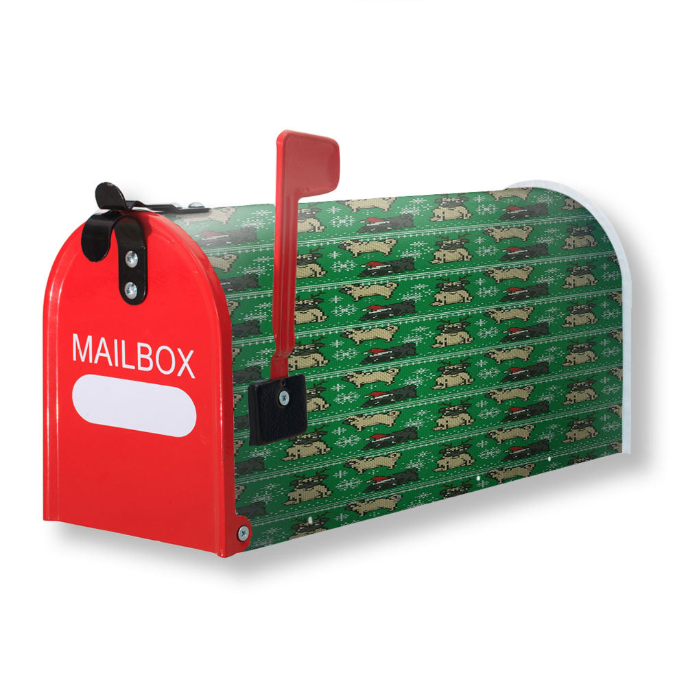 Christmas Pug Green Winter Pattern Magnetic Mailbox Cover - 18.0" x 21.0"