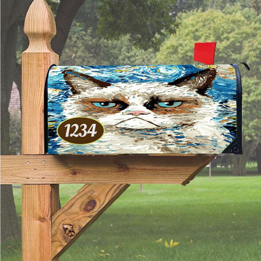 Starry Night Grumpy Cat Magnetic Mailbox Cover 18" X 21" Outdoor Decor
