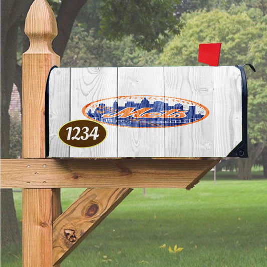 New York Mets Mlb Logo White Wood Wallpaper Magnetic Mailbox Cover 18" X 21" Outdoor Decor