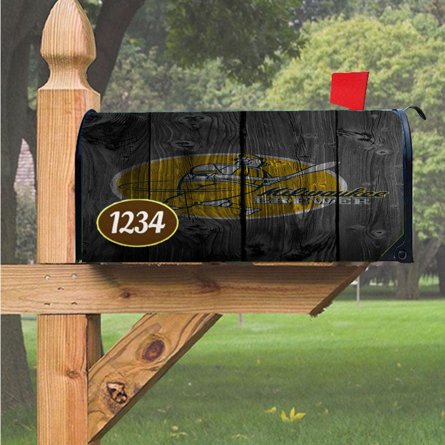 Old Milwaukee Brewers Mlb Logo Dark Wood Wallpaper Magnetic Mailbox Cover 18" X 21" Outdoor Decor