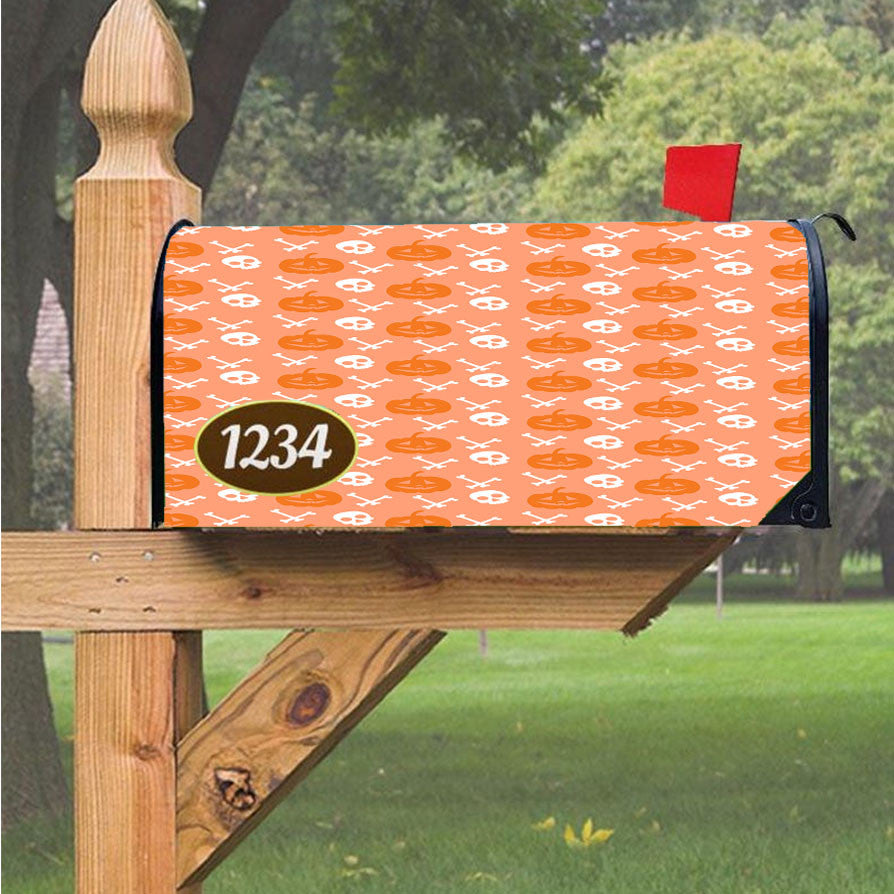Peach Pattern Pumpkins Bone And Head Skeleton Halloween Magnetic Mailbox Cover 18" X 21" Outdoor Decor