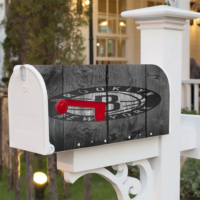 Brooklyn Nets New York Logo Nba Dark Wood Wallpaper Magnetic Mailbox Cover 18" X 21" Outdoor Decor