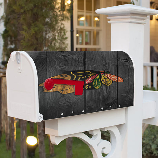 Chicago Blackhawks Nhl Logo Dark Wood Wallpaper Magnetic Mailbox Cover 18" X 21" Outdoor Decor