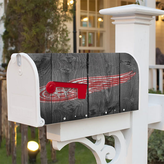 Detroit Red Wings Nhl Logo Dark Wood Wallpaper Magnetic Mailbox Cover 18" X 21" Outdoor Decor