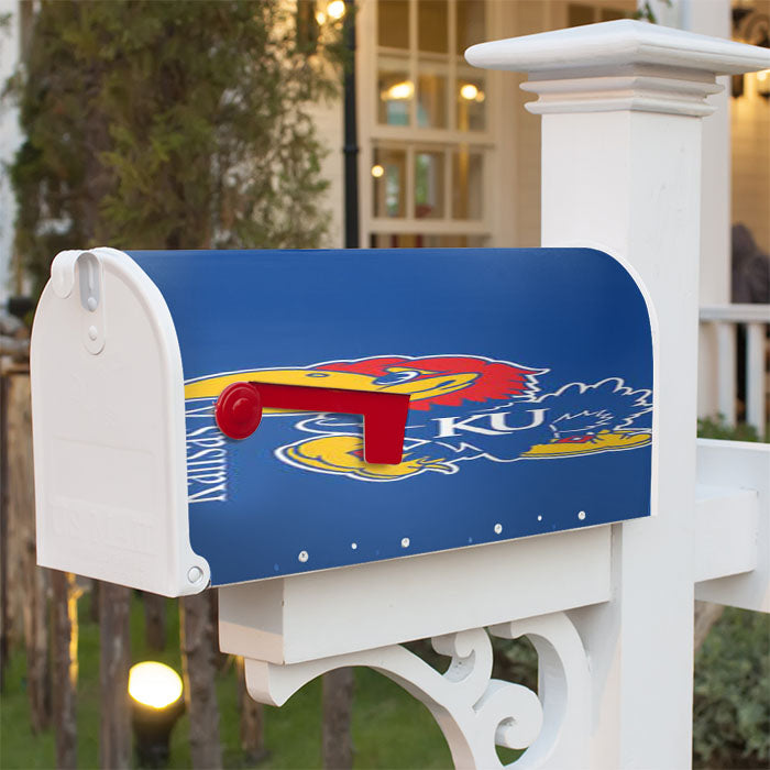 Kansas Jawhawks Logo Over Blue Magnetic Mailbox Cover 18" X 21" Outdoor Decor