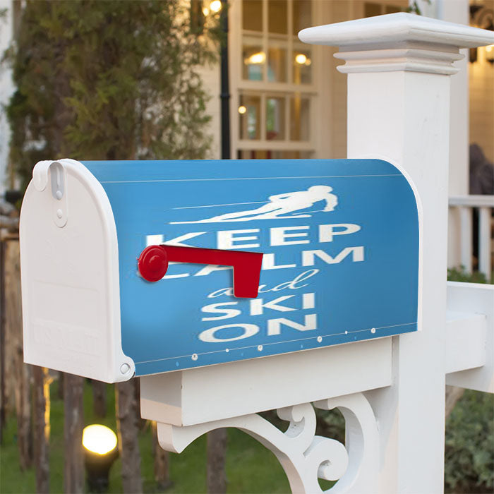 Keep Calm Ski On Blue Bkg Magnetic Mailbox Cover 18" X 21" Outdoor Decor