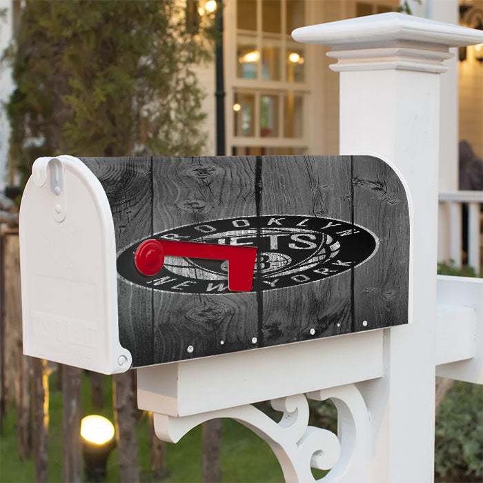 New York Brooklyn Nets Nba Logo Dark Wood Wallpaper Magnetic Mailbox Cover 18" X 21" Outdoor Decor