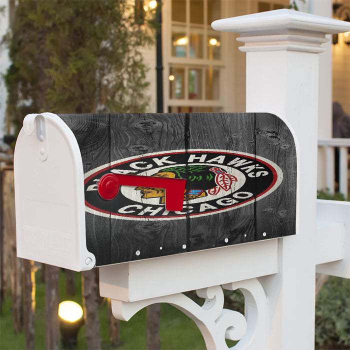 Old Chicago Blackhawks Nhl Logo Dark Wood Wallpaper Magnetic Mailbox Cover 18" X 21" Outdoor Decor
