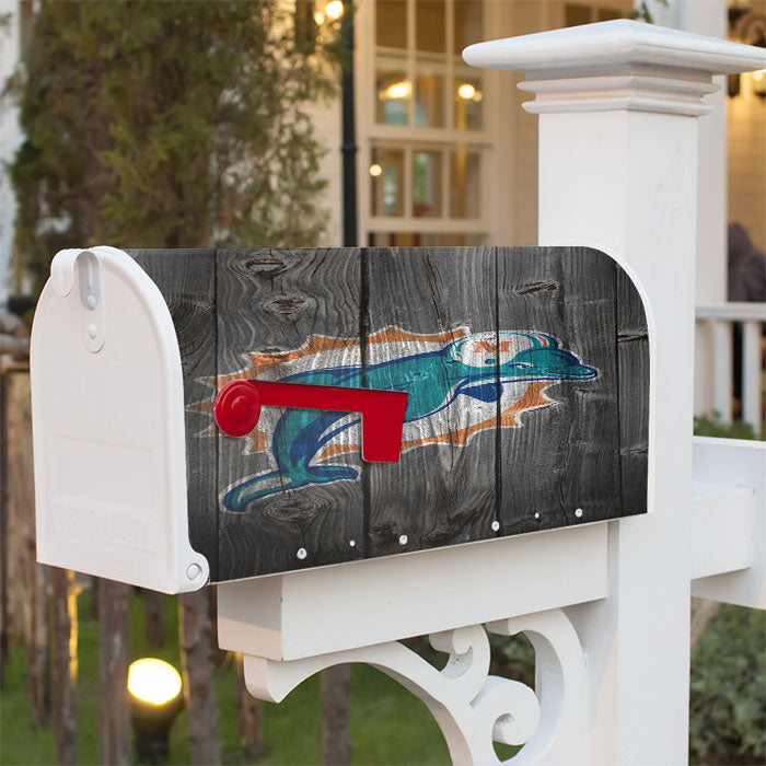 Old Miami Dolphins Nfl Logo Dark Wood Wallpaper Magnetic Mailbox Cover 18" X 21" Outdoor Decor