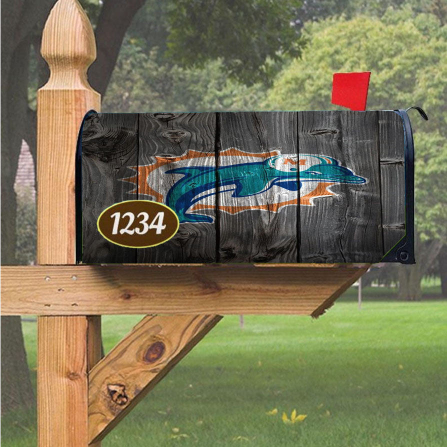 Old Miami Dolphins Nfl Logo Dark Wood Wallpaper Magnetic Mailbox Cover 18" X 21" Outdoor Decor