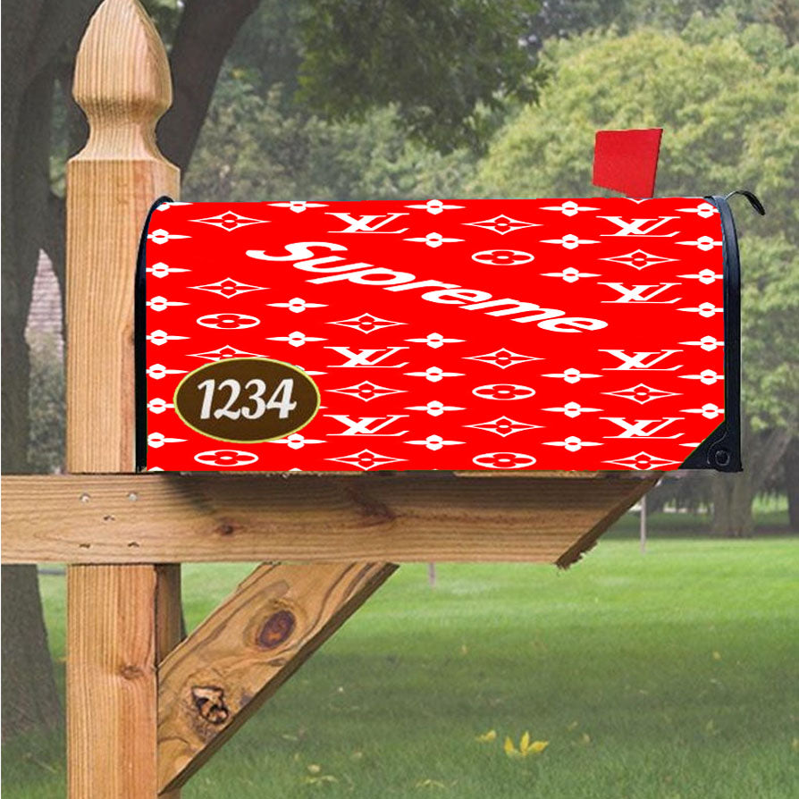 Red Supreme Louis Vuitton Pattern Magnetic Mailbox Cover 18" x 21" Outdoor Decor