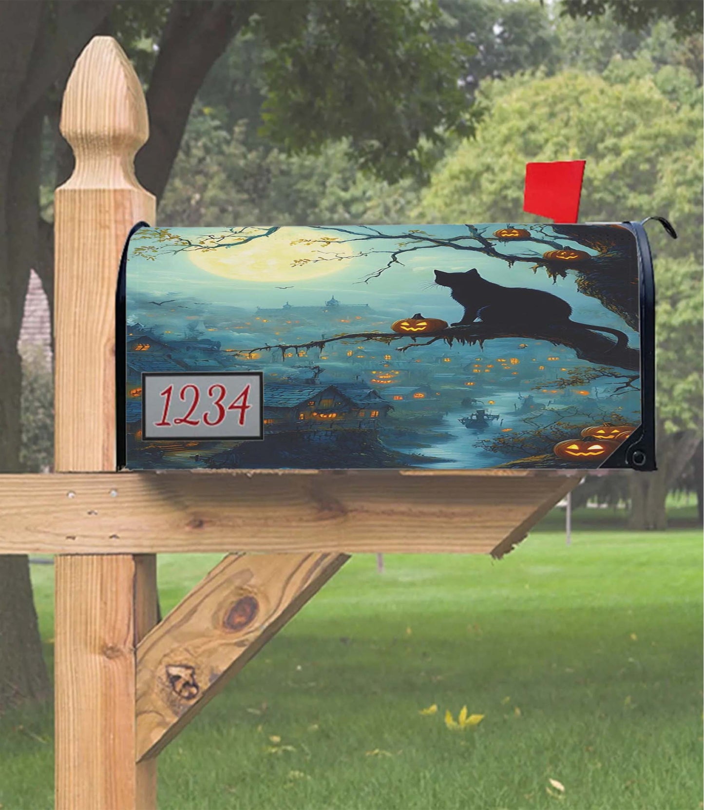 Haunted Village Black Cat Halloween Mailbox Cover
