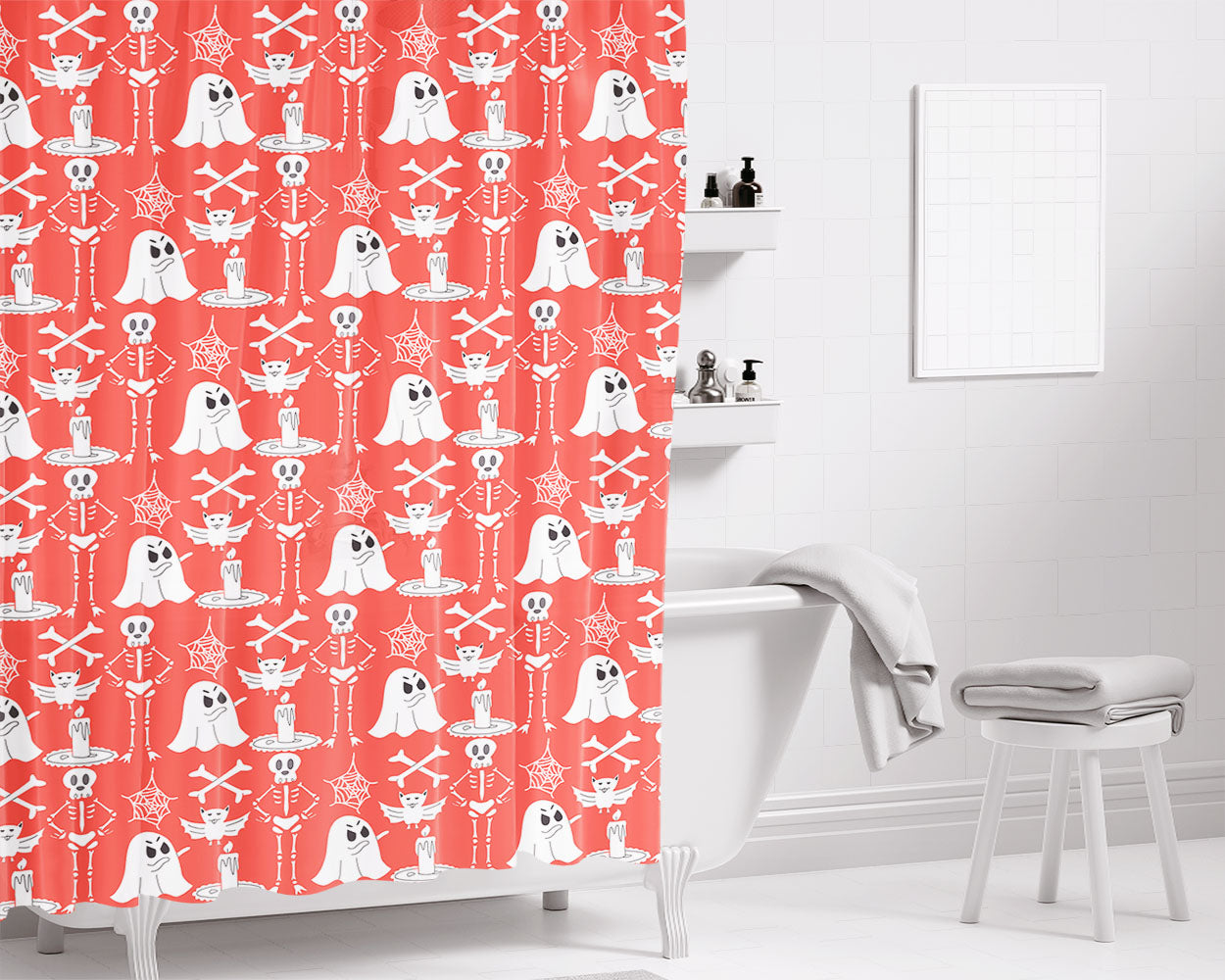 Red Ocher Geometry Bathroom Shower Curtain Fabric Waterproof | 66 X 72 Inch