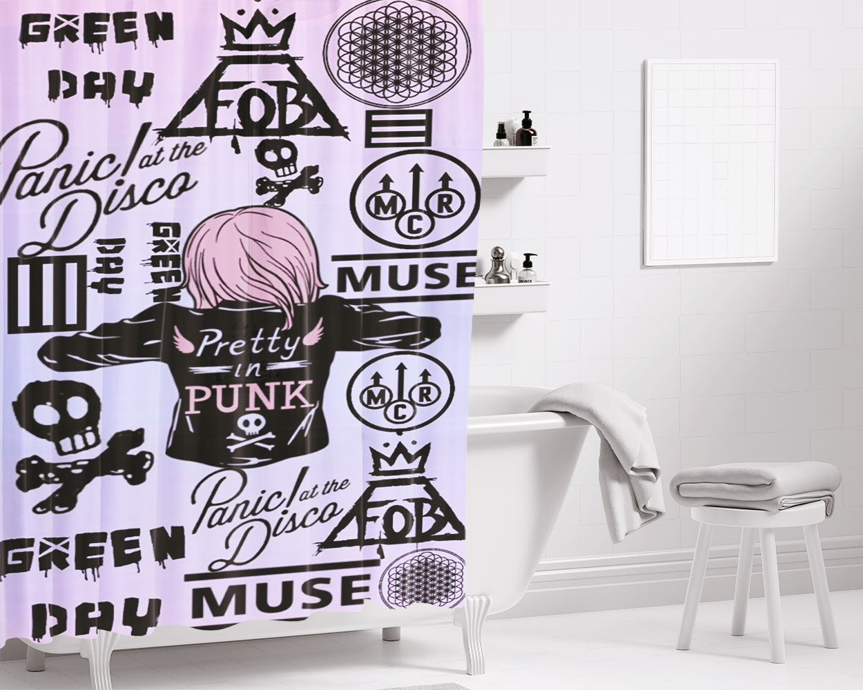 Rock Punk Emo Bands Logo Wallpaper Bathroom Shower Curtain Fabric Waterproof | 66 X 72 Inch