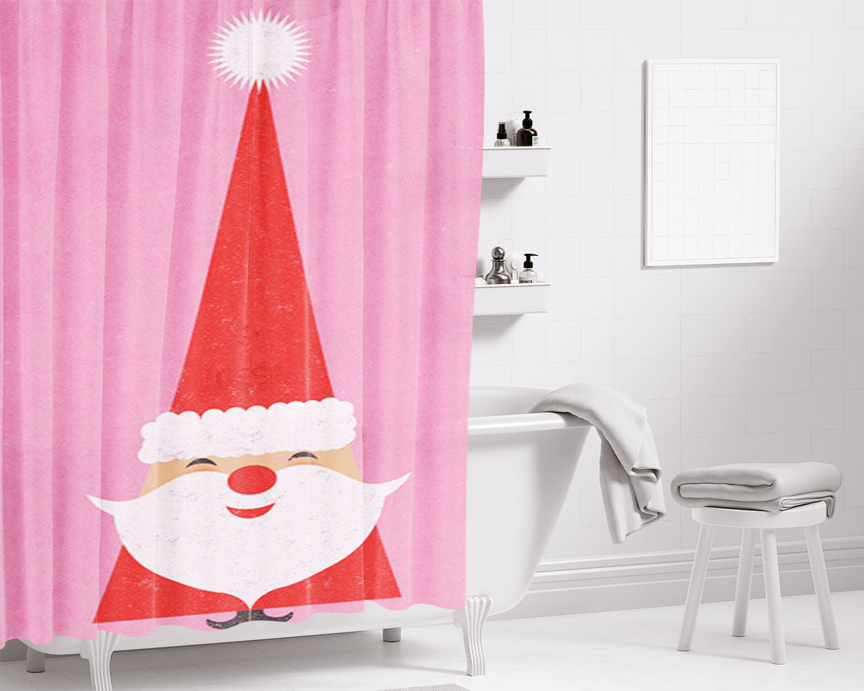 Santa Christmas Pink Bathroom Shower Curtain Fabric Waterproof | 66 X 72 Inch