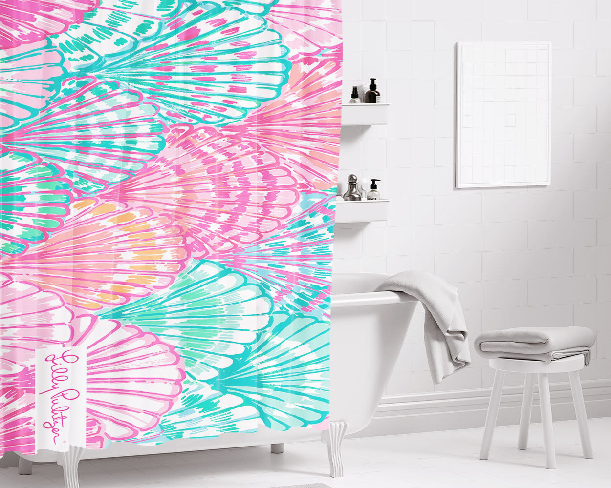 Sea Shells Lilly Pulitzer Color Bathroom Shower Curtain Fabric Waterproof | 66 X 72 Inch