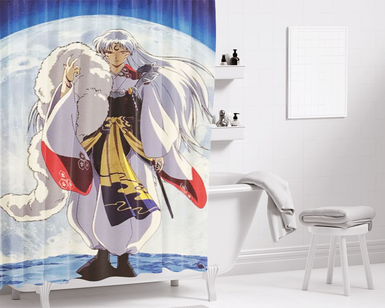 Sesshomaru Moon At Night Wallpaper Bathroom Shower Curtain Fabric Waterproof | 66 X 72 Inch