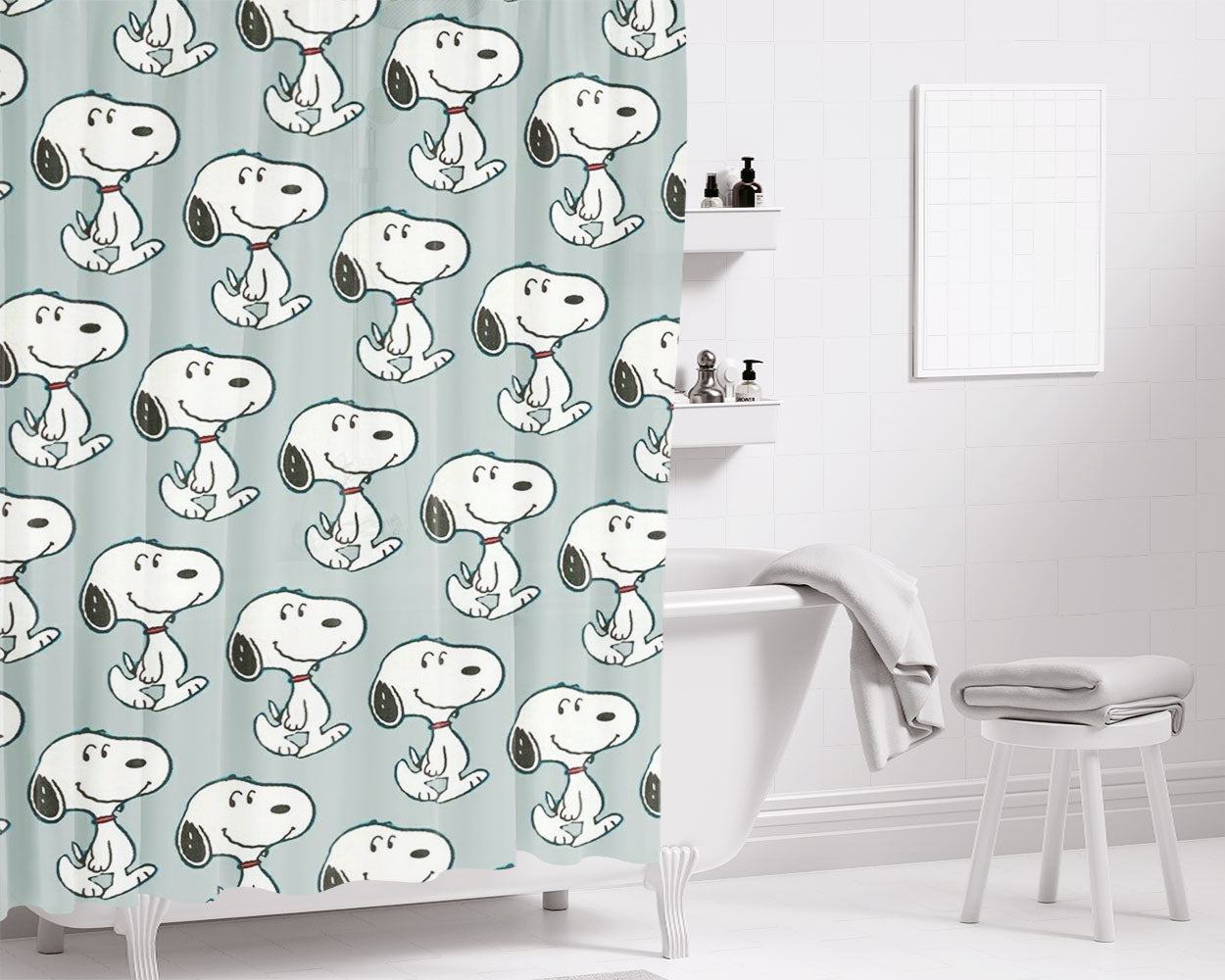 Snoopy Baseball Catch Bathroom Shower Curtain Fabric Waterproof | 66 X 72 Inch