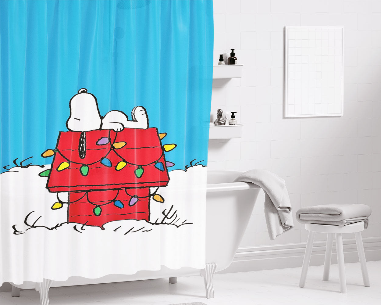Snoopy Charlie Brown And Moon Bathroom Shower Curtain Fabric Waterproof | 66 X 72 Inch