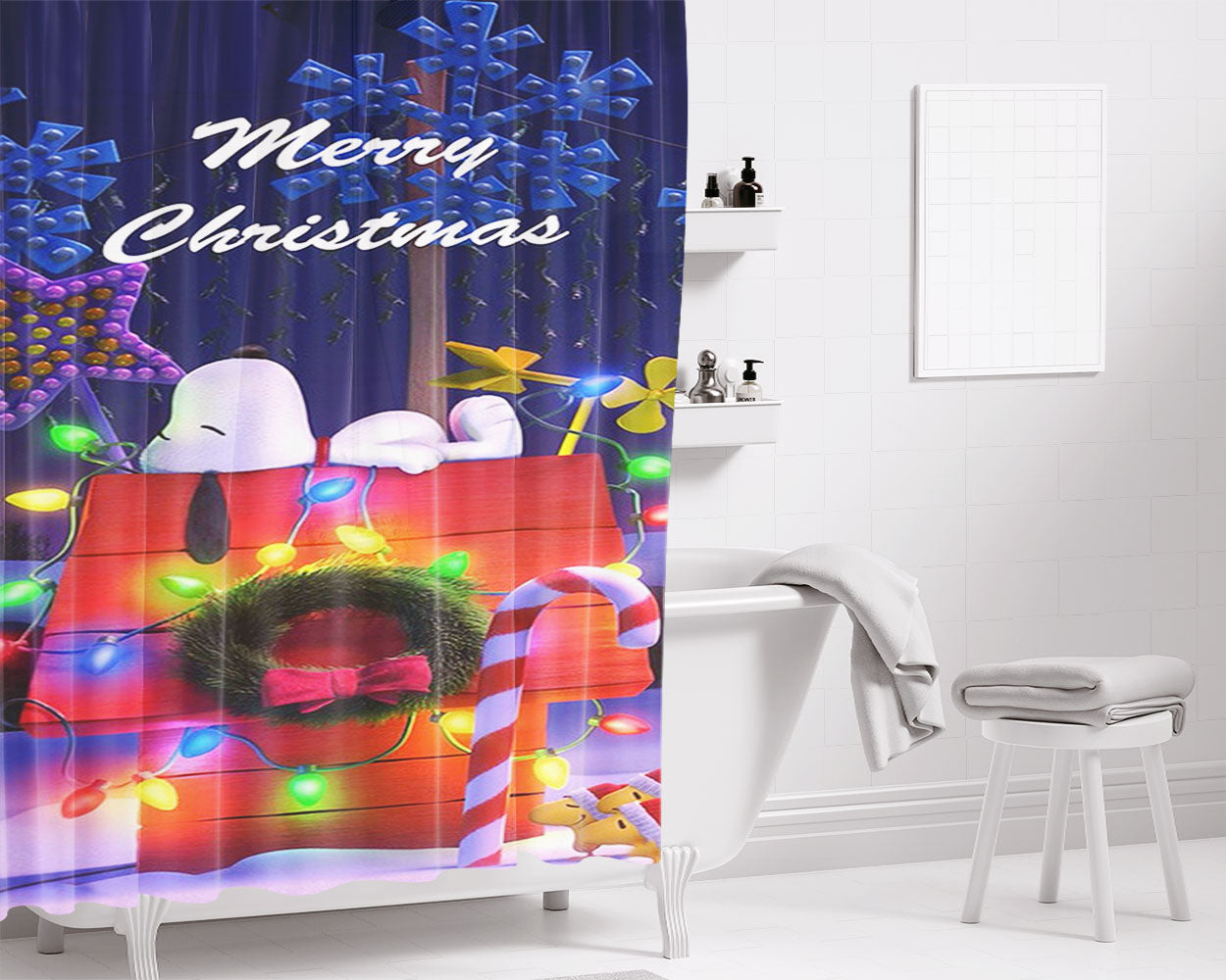 Snoopy Love Heart Bathroom Shower Curtain Fabric Waterproof | 66 X 72 Inch